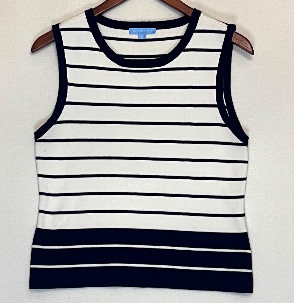 Navy White Stripe Sweater Vest Nautical Coastal Sleeveless Pullover Top L